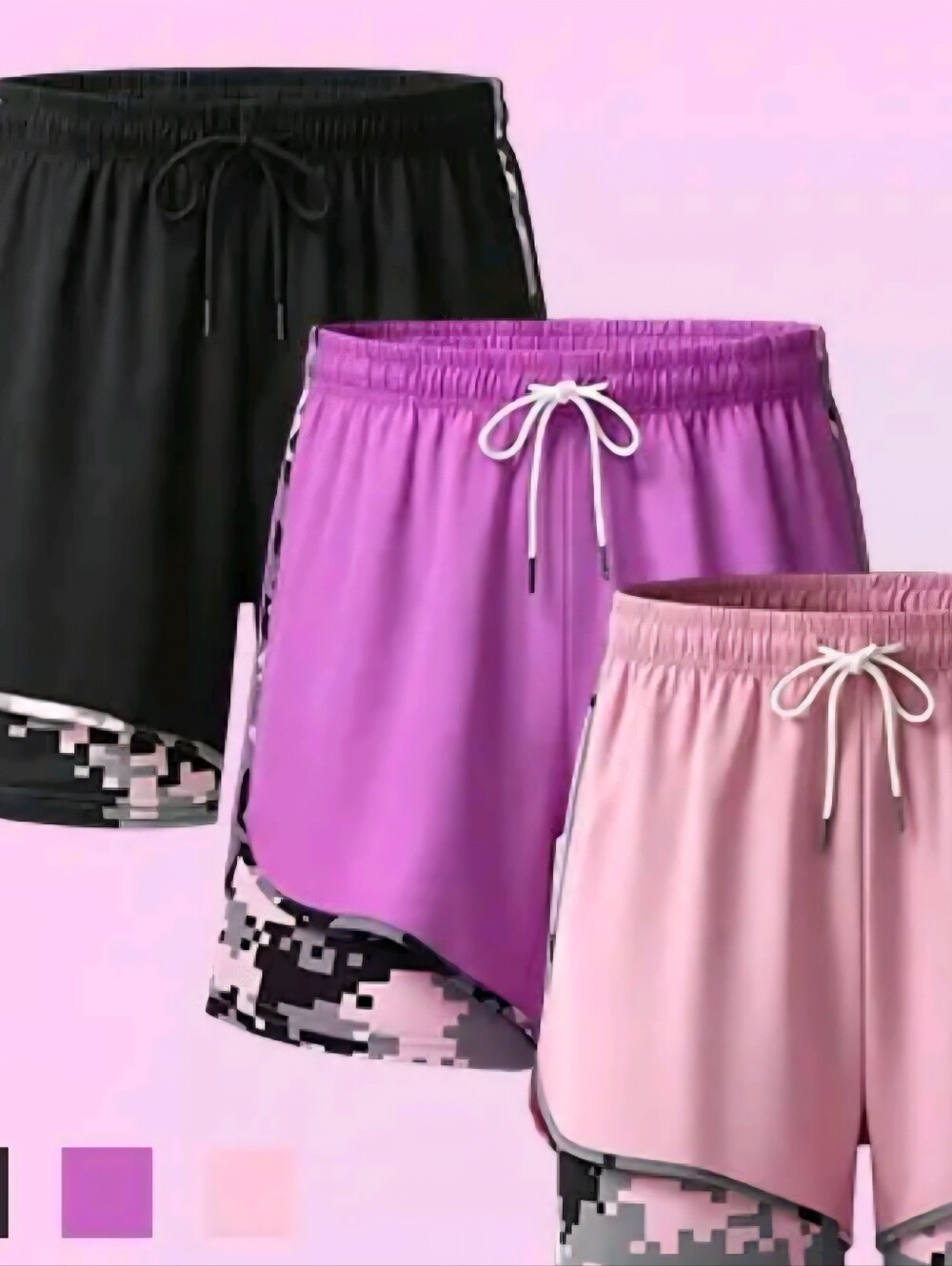 Women’s Drawstring Active Shorts in Black, Magenta, and Light Pink